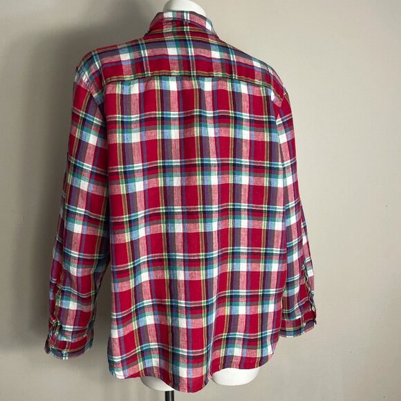 Lauren Ralph Lauren Shirt Women Sz Large 100% Linen Red Plaid Button Up Roll Tab - Picture 5 of 16